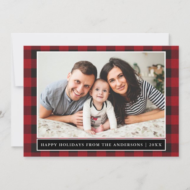 Cartes Pour Fêtes Annuelles Red Plaid Happy Holidays Photo de famille (Devant)