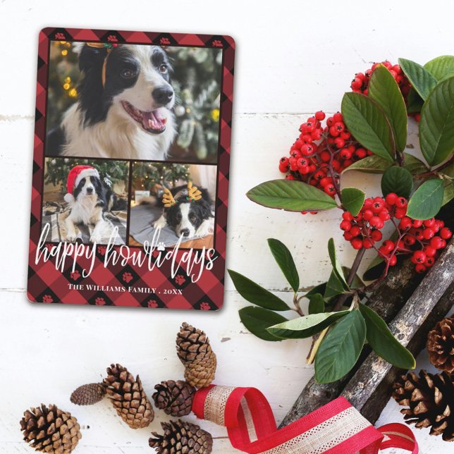 Cartes Pour Fêtes Annuelles Red Plaid Happy Howlidays Chien Photo Collage (Créateur téléchargé)