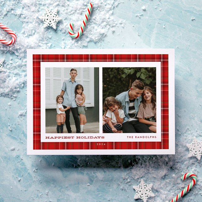 Cartes Pour Fêtes Annuelles Red Plaid Joyeuses Vacances Double Photo (Créateur téléchargé)