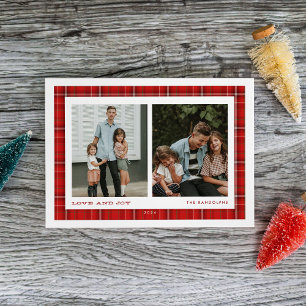 Cartes Pour Fêtes Annuelles Red Plaid Love and Joy Double Photo