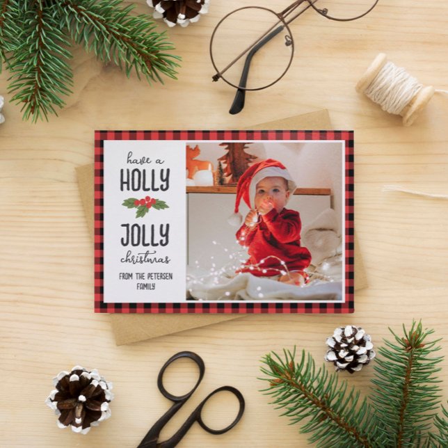Cartes Pour Fêtes Annuelles Red Plaid Ont Holly Jolly Photo Christmas (Créateur téléchargé)