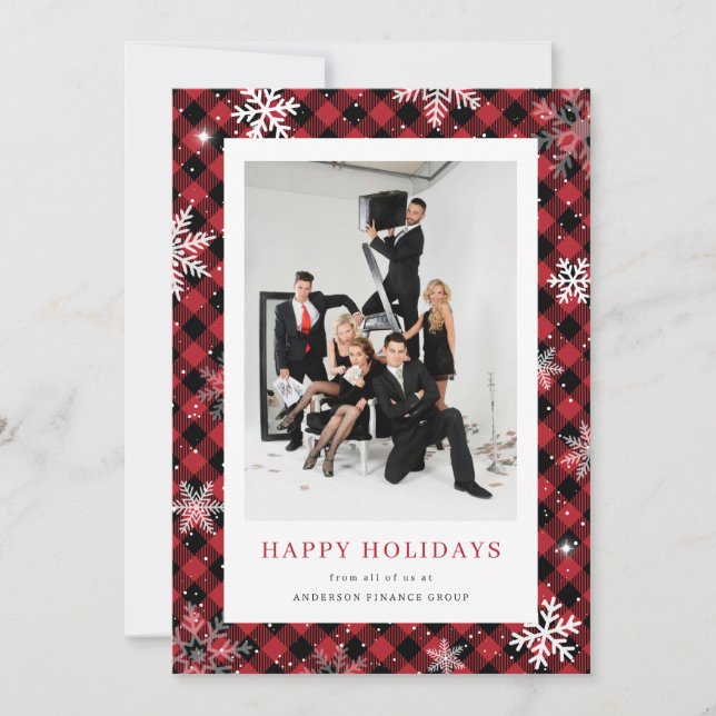 Cartes Pour Fêtes Annuelles Red Plaid Snowflake Photo Entreprise (Devant)