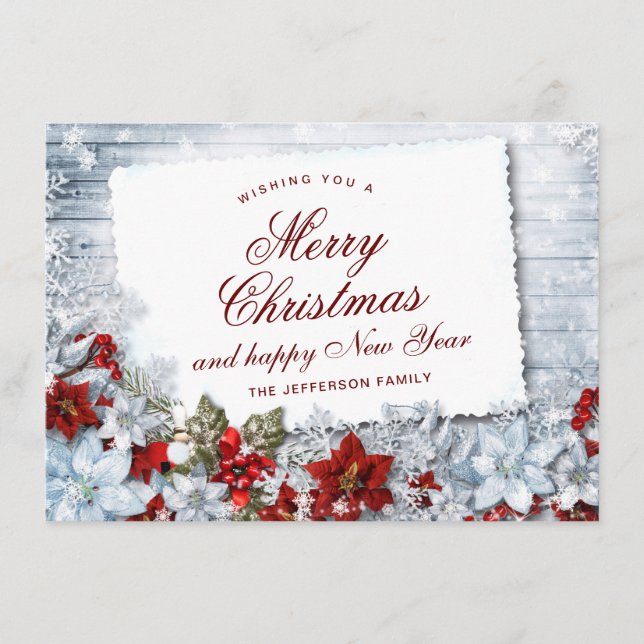 Cartes Pour Fêtes Annuelles Red Poinsettia Holly Salutation de Noël rustique (Devant)