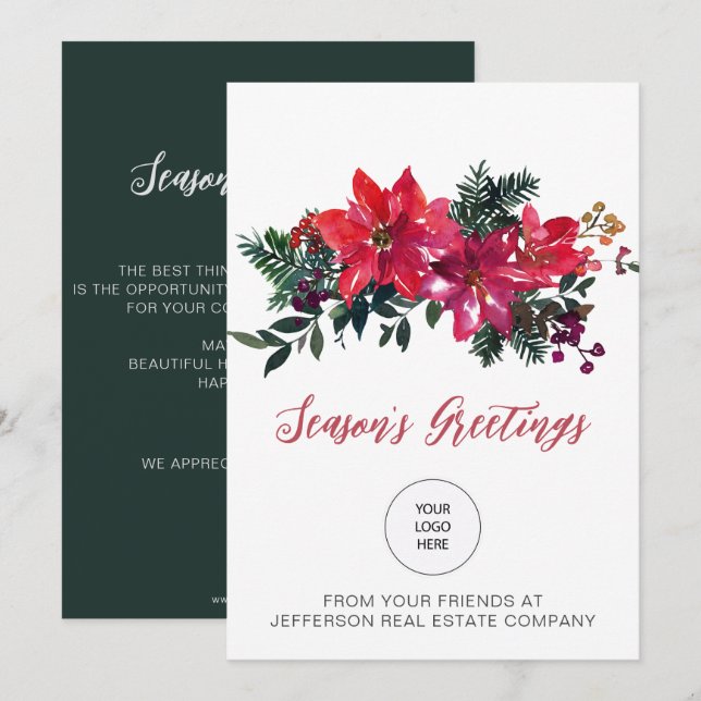 Cartes Pour Fêtes Annuelles Red Poinsettias Holly Entreprise Logo Entreprise (Devant / Derrière)