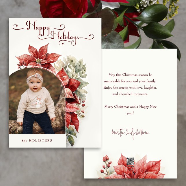 Cartes Pour Fêtes Annuelles Red Poinsettias Joyeux Vacances Script Arch Photo (Créateur téléchargé)