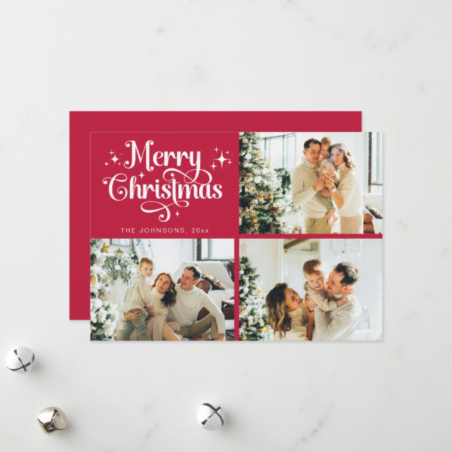 Cartes Pour Fêtes Annuelles Red Retro Joyeux Noël Famille Photo Collage (Devant/Arrière en situation)