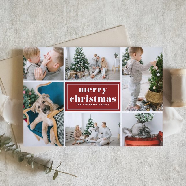 Cartes Pour Fêtes Annuelles Red Retro Joyeux Noël Photo Collage (Créateur téléchargé)
