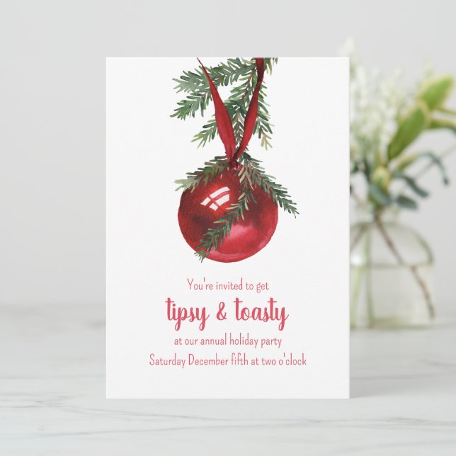 Cartes Pour Fêtes Annuelles Red Ribbon Orament Tipsy & Toasty Party (Debout devant)