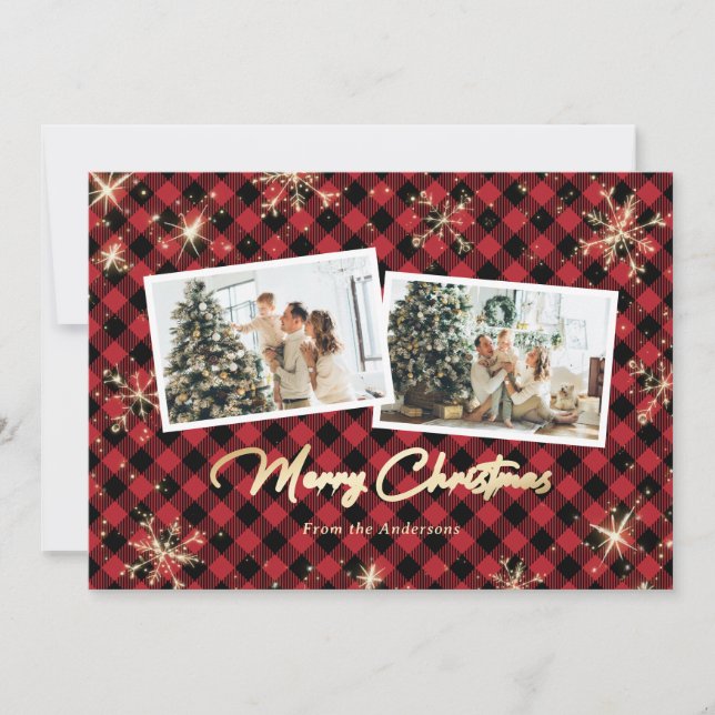 Cartes Pour Fêtes Annuelles Red Sparkly Gold Snowflakes Photo Noël (Devant)