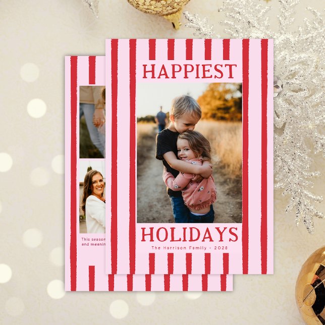 Cartes Pour Fêtes Annuelles Red Stripes Cute Multi Photo Flat Holiday Card (Créateur téléchargé)