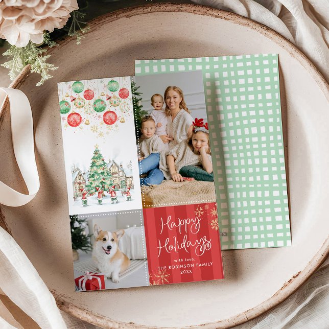 Cartes Pour Fêtes Annuelles Red Stripes Village d'hiver Joyeuses vacances 2 Ph (Créateur téléchargé)