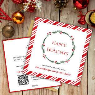 Cartes Pour Fêtes Annuelles Red Stripes Wreath Corporate Logo QR Code Holiday