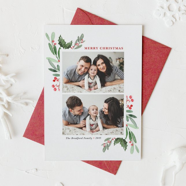 Cartes Pour Fêtes Annuelles Red Winterberry et Holly Two Photo Christmas (Watercolor Red Winterberry and Holly Two Photo Collage Merry Christmas Card)