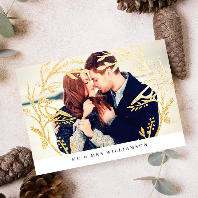 Cartes Pour Fêtes Annuelles Regal Gold Bird & Branch Monogram Newlyweds Photo (Regal Gold Bird & Branch Monogram Newlyweds Photo Holiday Card)