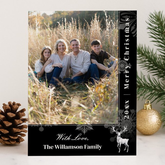 Cartes Pour Fêtes Annuelles Reindeer and Snowflakes Holiday Photo | Black Card (Black Reindeer and Snowflakes Holiday Photo Card)