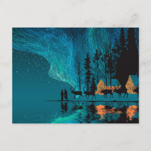 Cartes Pour Fêtes Annuelles Reindeer, cabine, Northern Lights par un lac d'hiv