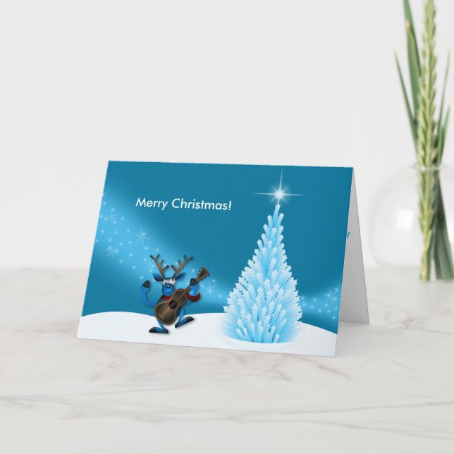 Cartes Pour Fêtes Annuelles Reindeer Dancing Guitare Joyeux Arbre de Noël Bleu (Devant)
