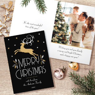 Cartes Pour Fêtes Annuelles Reinder de Noël et photo personnalisée Black Gold