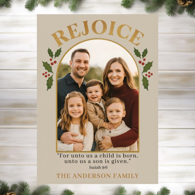 Cartes Pour Fêtes Annuelles Rejoice Christian Christmas Card with Family Photo (Créateur téléchargé)