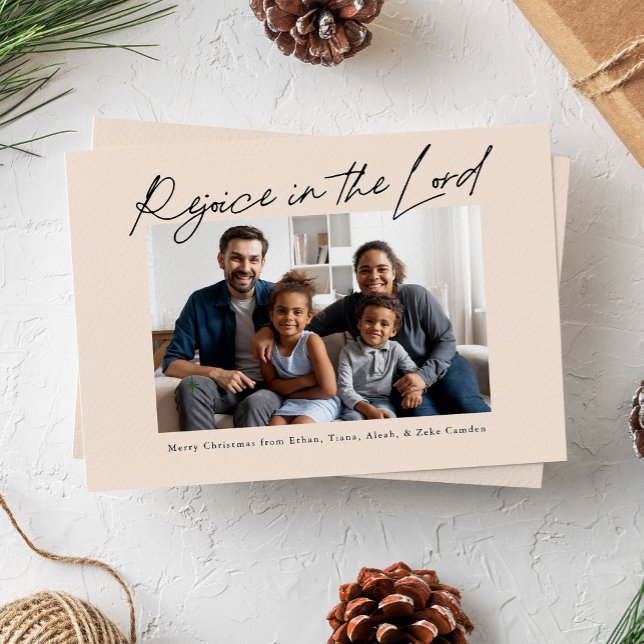 Cartes Pour Fêtes Annuelles Réjouissez-vous dans le Seigneur Noël manuscrit (rejoice in the Lord religious Christmas photo card with handwritten script)