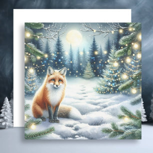 Cartes Pour Fêtes Annuelles Renard d'hiver dans une forêt lunaire Noël