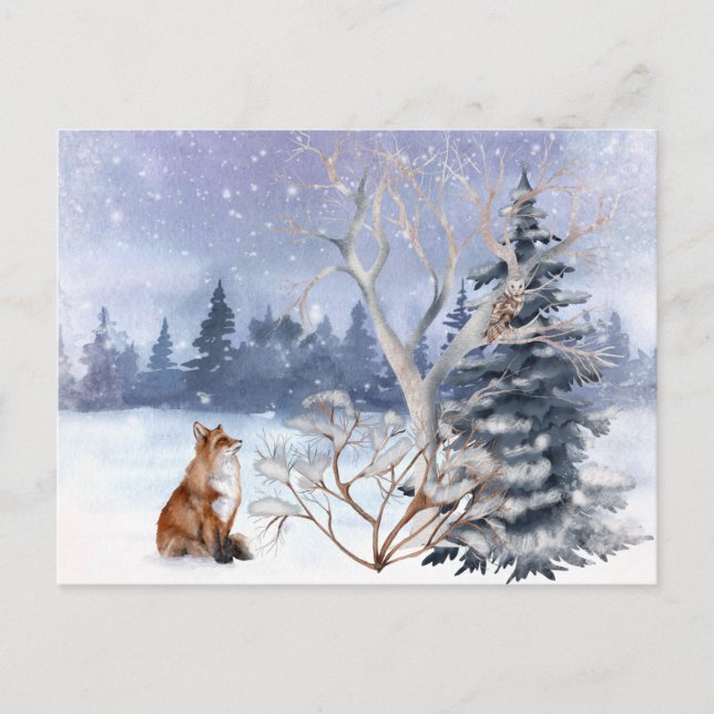 Cartes Pour Fêtes Annuelles Renard et Chouette des bois d'hiver (Devant)