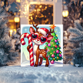 Cartes Pour Fêtes Annuelles Renne avec Canne de Bonbons & Sapin de Noël