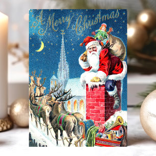 Cartes Pour Fêtes Annuelles Renne de Cheminée de Père Noël sur Scène de Noël V