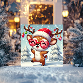 Cartes Pour Fêtes Annuelles Renne joyeux avec neige et ornements