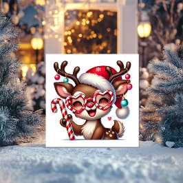 Cartes Pour Fêtes Annuelles Renne souriant avec chapeau de Père Noël et canne 
