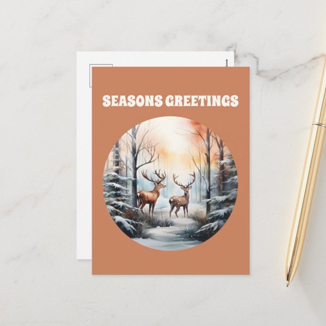Cartes Pour Fêtes Annuelles rennes d'aquarelle de Noël ajouter du texte (Devant/Arrière en situation)