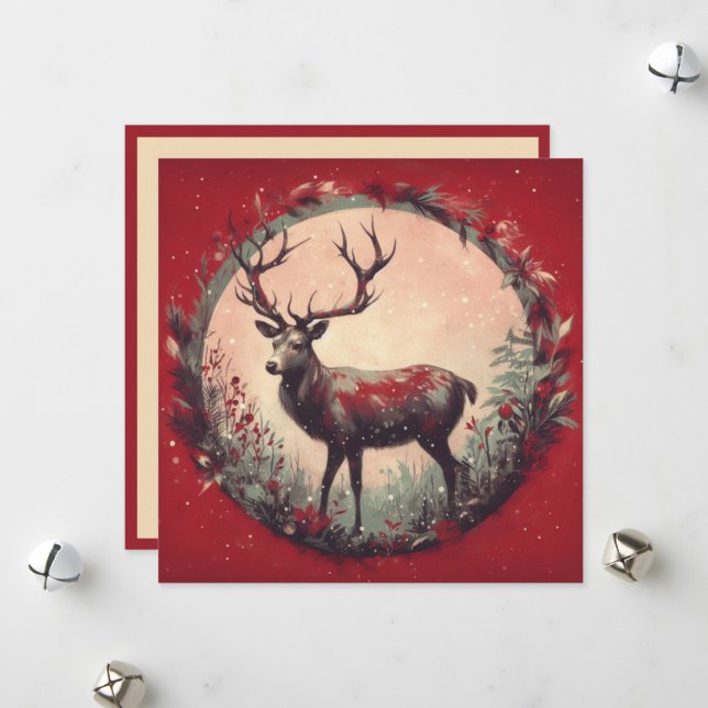 Cartes Pour Fêtes Annuelles Rennes de Noël avec Couronne de Fêtes (Devant/Arrière en situation)