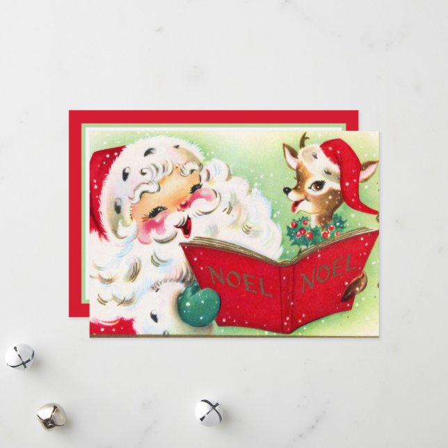 Cartes Pour Fêtes Annuelles rennes de Père Noël rétro (Devant/Arrière en situation)