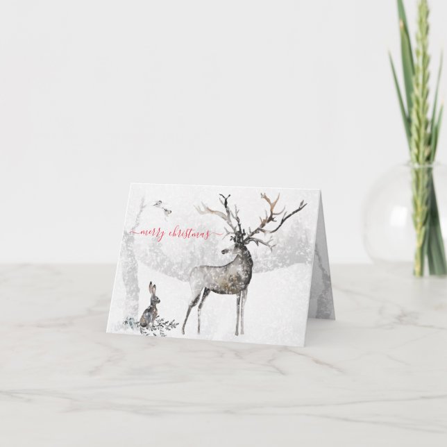 Cartes Pour Fêtes Annuelles Rennes et amis de la forêt enneigée en hiver (Devant)