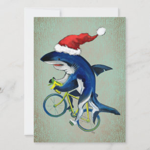 Cartes Pour Fêtes Annuelles Requin Hipster À Vélo Avec Casquette De Père Noël