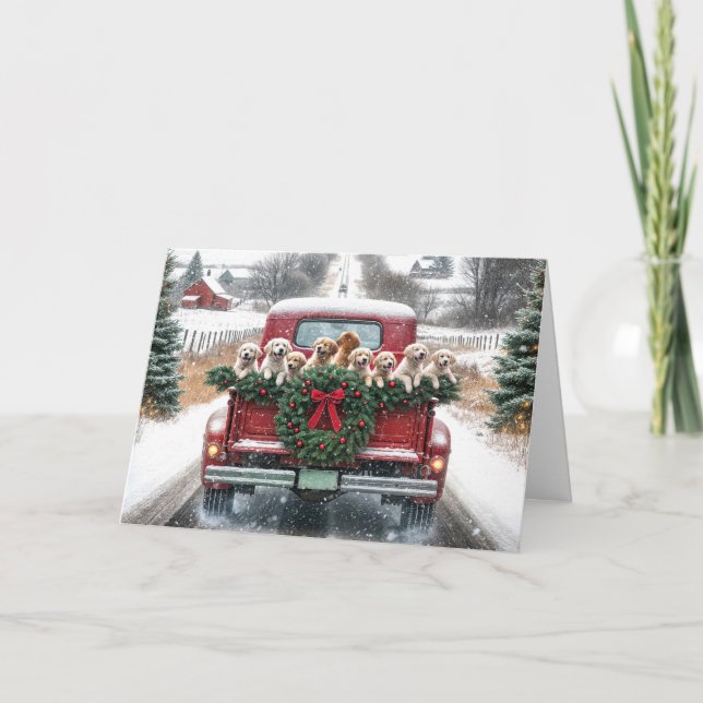 Cartes Pour Fêtes Annuelles Retrivers D'Or De Noël En Camion Rouge (Devant)