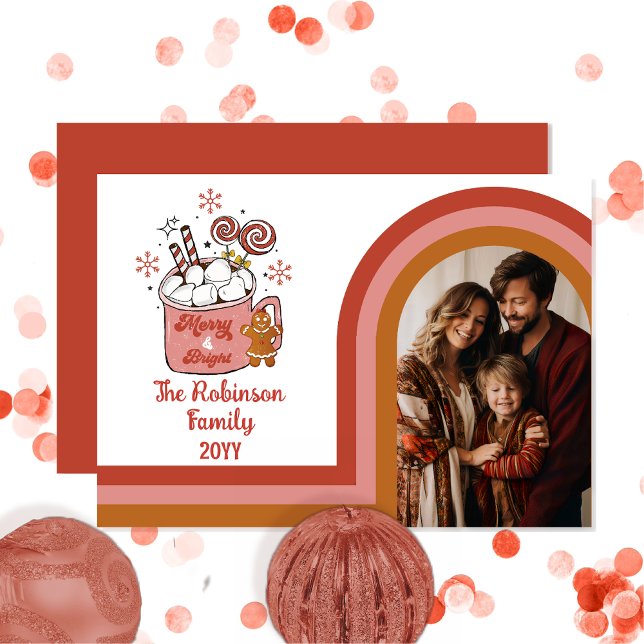 Cartes Pour Fêtes Annuelles Retro Arch Merry et Bright Christmas Family Photo (Retro Arched Photo Merry and Bright Hot Cocoa Gingerbread Christmas Family Card)