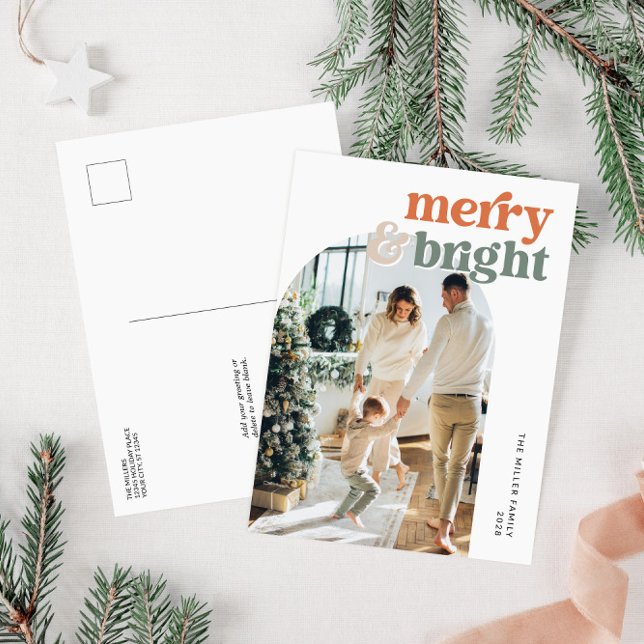 Cartes Pour Fêtes Annuelles Retro Arch Photo Merry & Bright Holiday Card (Holiday Arch Photo Christmas Postcard)