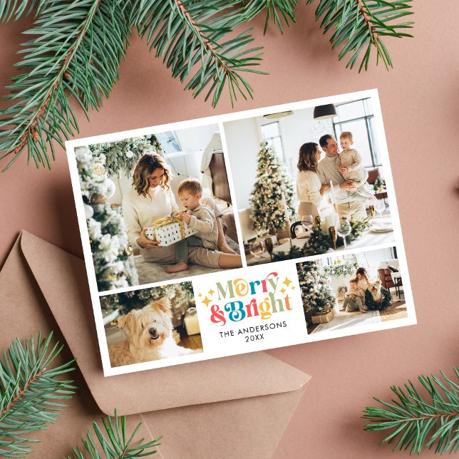 Cartes Pour Fêtes Annuelles Retro Coloré Joyeux et brillant 4 Photo Noël (Créateur téléchargé)