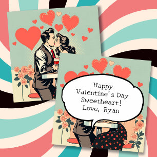 Cartes Pour Fêtes Annuelles Retro Couple Kissing Pop Coeurs d'art Personnalisé