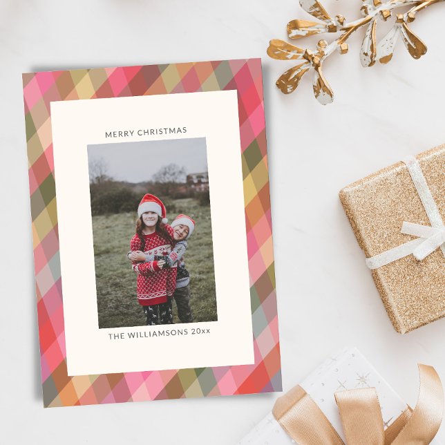 Cartes Pour Fêtes Annuelles Retro Diagonal Noël Plaid Cute Preppy Photo (Créateur téléchargé)