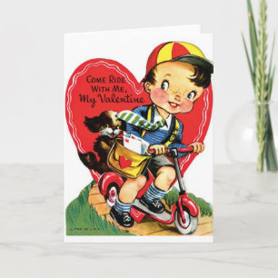 Cartes Pour Fêtes Annuelles Rétro garçon sur le scooter avec le chiot
