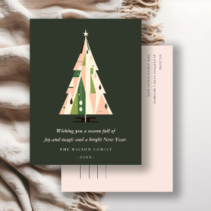 Cartes Pour Fêtes Annuelles Retro Géométrique Arbre de Noël Bleu Forêt verte