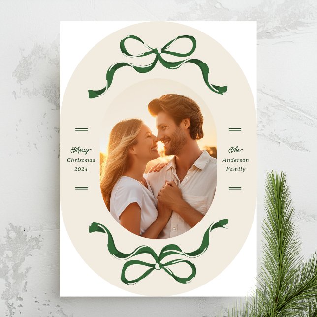 Cartes Pour Fêtes Annuelles Retro Green Bows Oval Arche photo Noël (Créateur téléchargé)