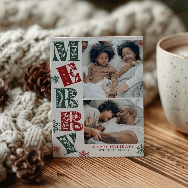 Cartes Pour Fêtes Annuelles Retro Green Red Merry 2-Photo Christmas (Retro Green Red Merry 2-Photo Christmas Holiday Card)