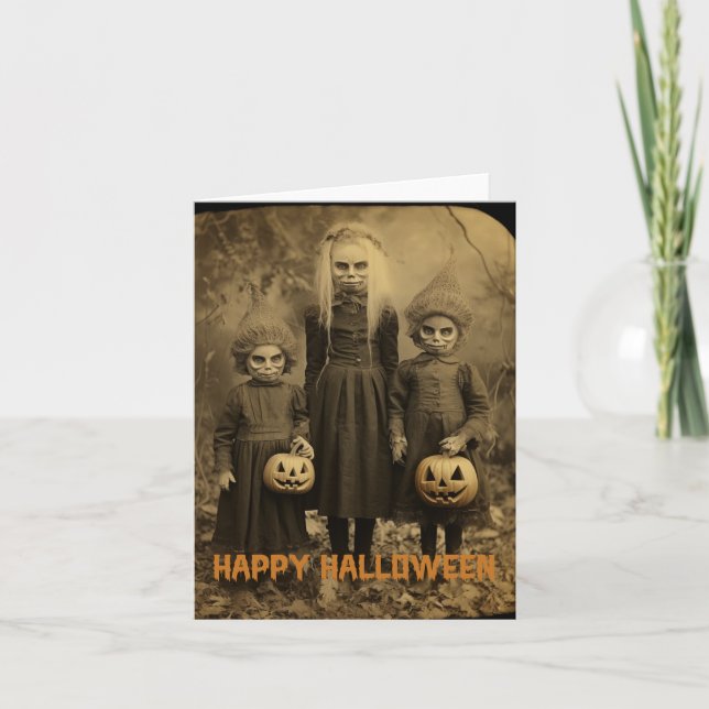 Cartes Pour Fêtes Annuelles Retro Halloween enfants déplaisants avec citrouill (Devant)