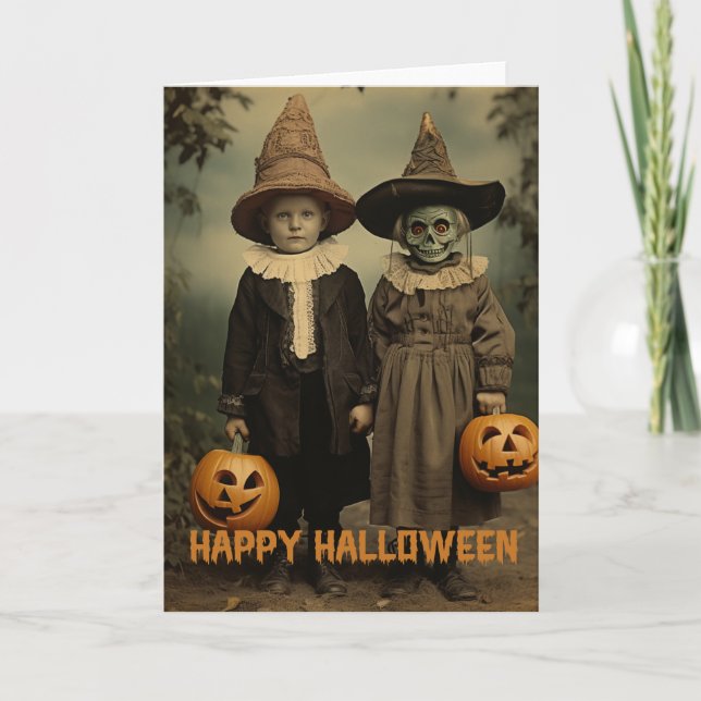 Cartes Pour Fêtes Annuelles Retro Halloween enfants déplaisants avec citrouill (Devant)