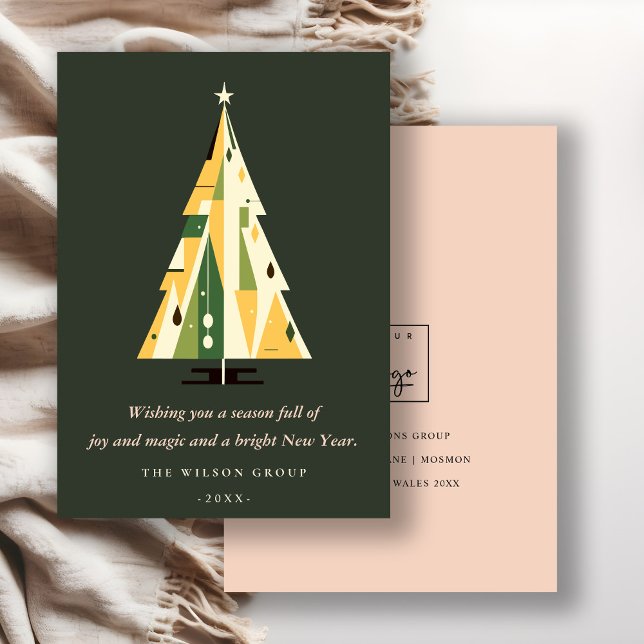 Cartes Pour Fêtes Annuelles Retro Jaune Vert Arbre de Noël Logo d'entreprise (Créateur téléchargé)