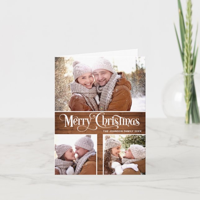 Cartes Pour Fêtes Annuelles Retro Joyeux Noël Rustique 3 PHOTO Salutation (Devant)