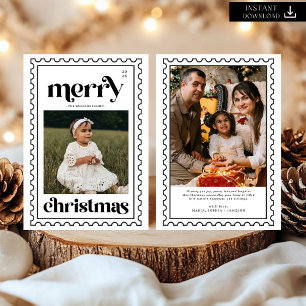 Cartes Pour Fêtes Annuelles Retro Joyeux Noël Timbre Photo Famille Vacances